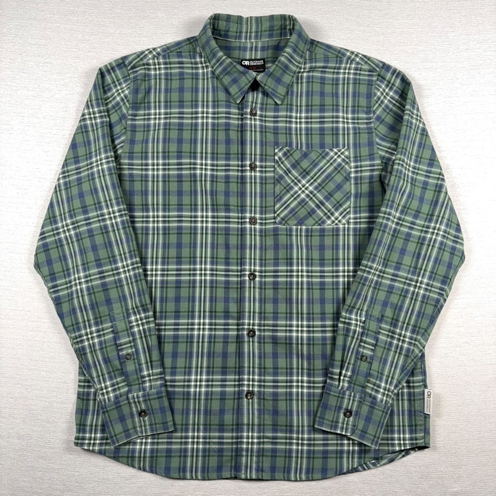 Outdoor Research Kulshan Flannel Shirt Mens Size L Green Blue Plaid Polyester